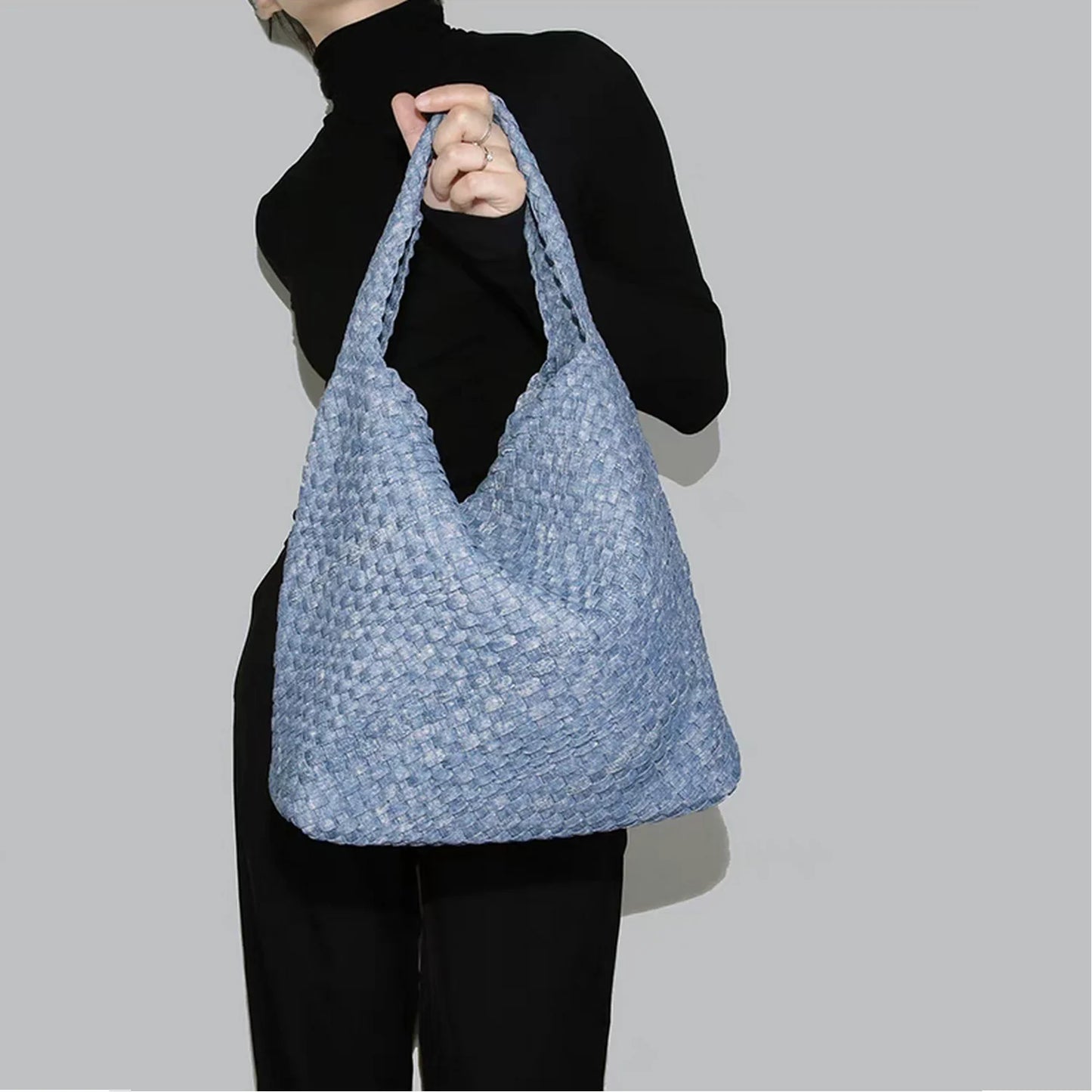 Women Jean Woven Bag Hand-Woven Tote Handbag Fashion Shoulder Top-handle Bag All-Match Underarm Bag with Purse