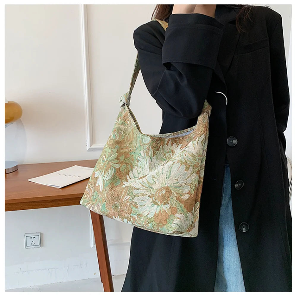 New Large Capacity Women's Handbag Fashion Printing Underarm Bag Retro Leisure Waterproof Shoulder Bag Women Canvas Shopping Bag