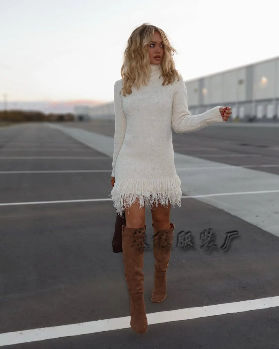 Knitted Dresses 2025 Woman High Neck Vestidos Tassel Sweater Pulls Femmes Keep Warm Homewear Solid Color Temperament Commuting