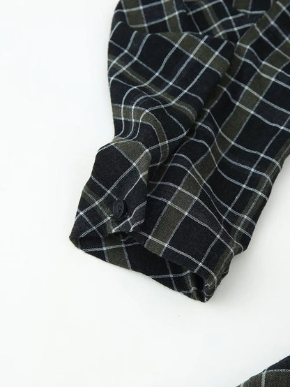 HH Woman Elegant V-Neck Plaid Pleated Decoration Long Sleeves Midi Dress Female Fashion High-Waist Asymmetric Hem Slim Dress