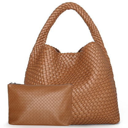 Woven Tote Bag for Women Large Woven Handbag Soft Leather Shoulder Bag Work Shopper Summer Beach Travel Tote Bag with Purse