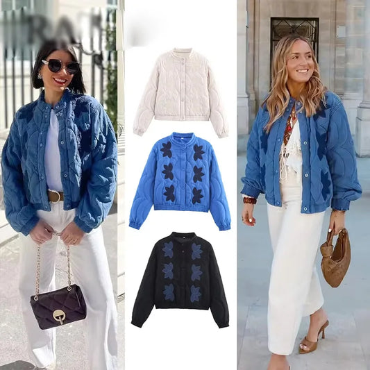 2025 Women's Crop Coat Fashion Warm Single Breasted Blue Embroidery Cotton Jackets Woman Autumn Winter Chic Outwear