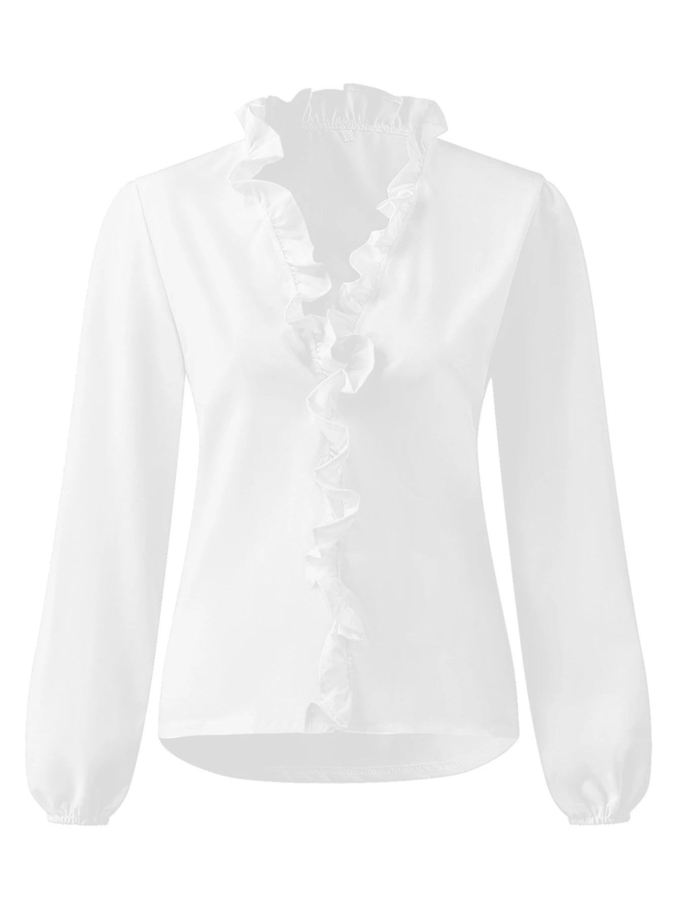 Women‘s Daily Blouses 2025 Autumn Collection Flounce Accent V-Neck Top with Delicate Puff Sleeves for Sweet Moments