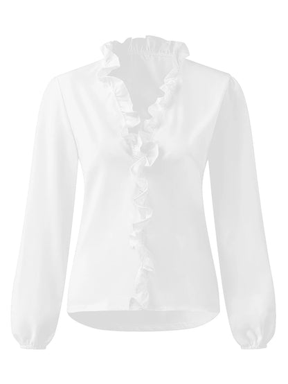 Women‘s Daily Blouses 2025 Autumn Collection Flounce Accent V-Neck Top with Delicate Puff Sleeves for Sweet Moments
