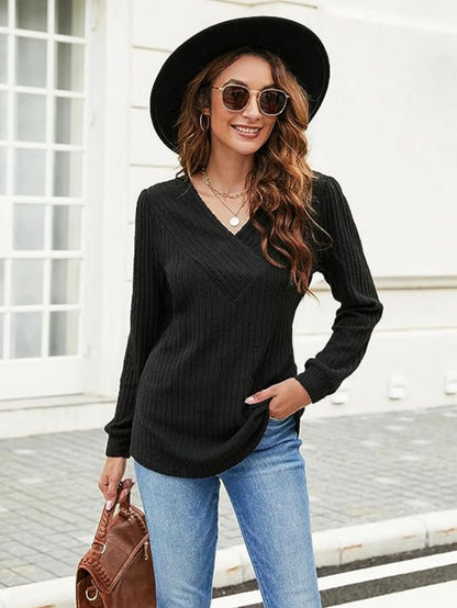 Woman Clothes V Neck Ribbed Knit Sweater Long Sleeve Loose Fit Casual Pullover Tops with Multiple Colors