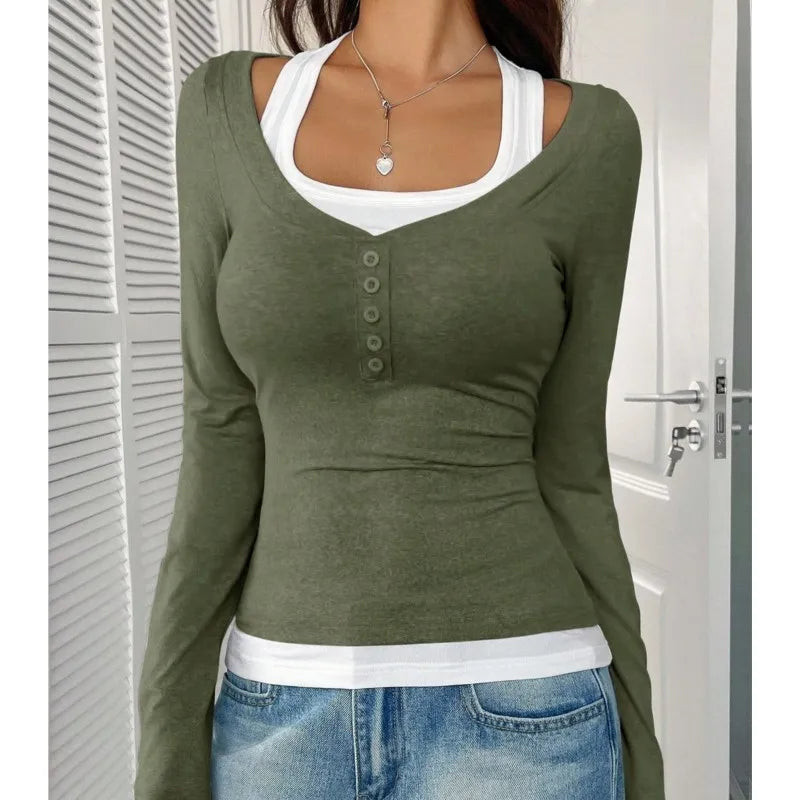 New Women's Blouses T-shirt Spring Fall Fashion Slim Halter Neck Fake Two-piece Stretch Long-sleeve Top Women Casual Clothing