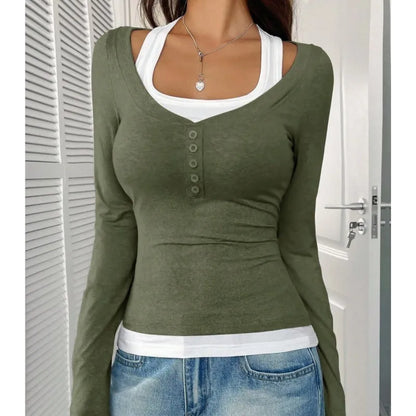 New Women's Blouses T-shirt Spring Fall Fashion Slim Halter Neck Fake Two-piece Stretch Long-sleeve Top Women Casual Clothing