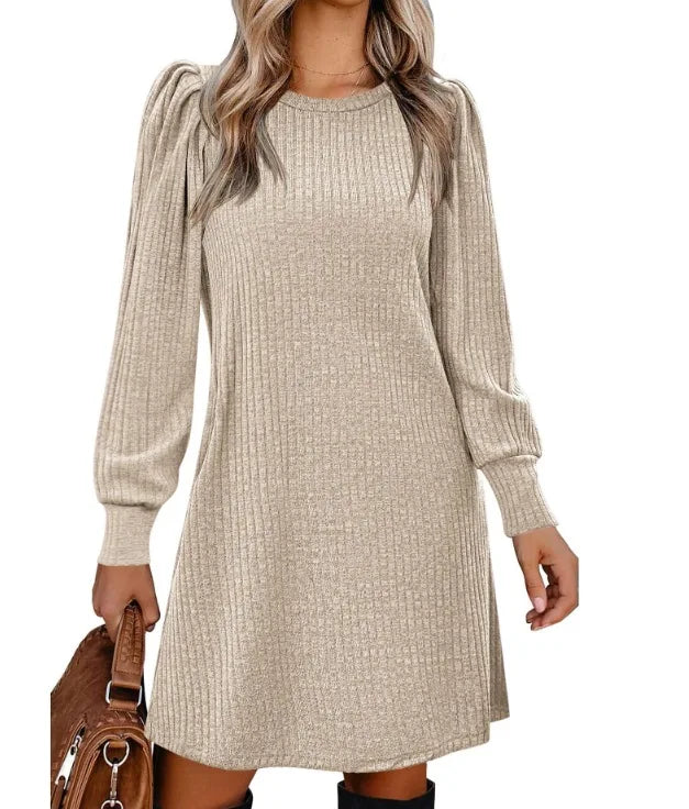 Elegant Dresses for Woman Ribbed Knit Sweater Dress Round Neck Puff Long Sleeves Casual Warm for Autumn and Winter