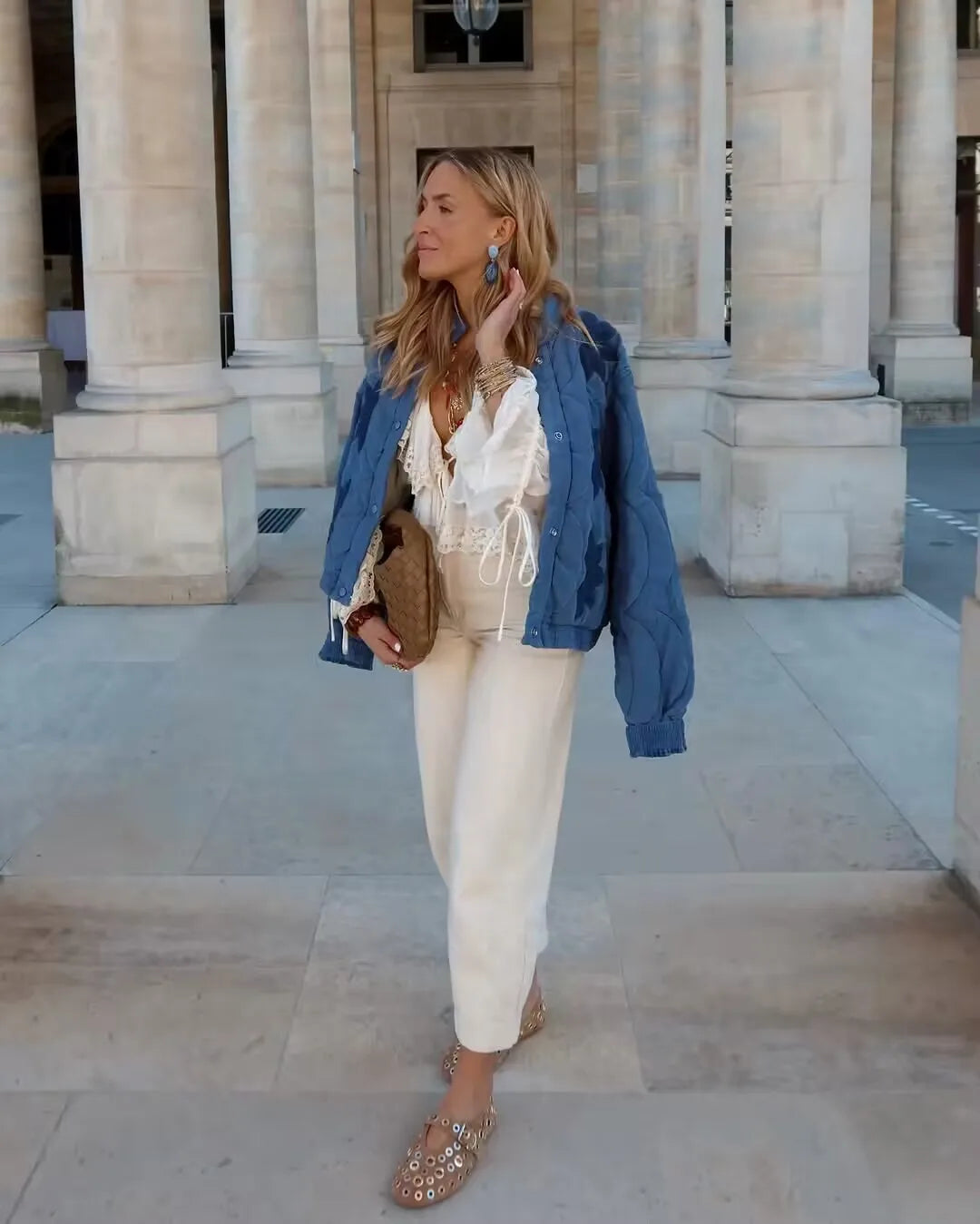 2025 Women's Crop Coat Fashion Warm Single Breasted Blue Embroidery Cotton Jackets Woman Autumn Winter Chic Outwear