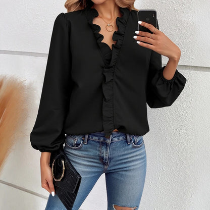 Women‘s Daily Blouses 2025 Autumn Collection Flounce Accent V-Neck Top with Delicate Puff Sleeves for Sweet Moments