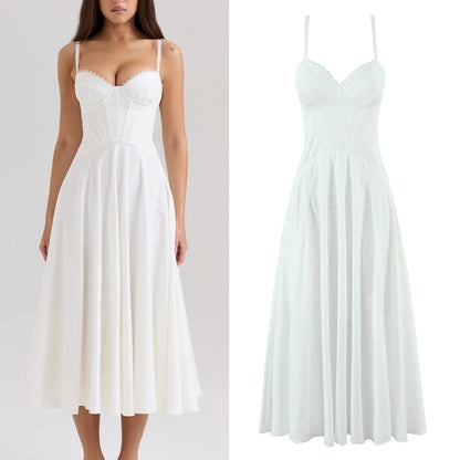 Women Dress 2025 New Fashion Summer Vintage White Lace-Panelled Cotton Dresses for Women Elegance Chic Ladies Midi Dress