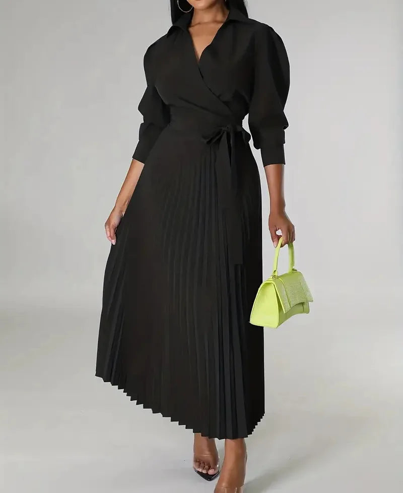 Woman's Elegance Evening Party Pleated Dress Spring Fashion V-neck Long Sleeves High Waist Lace-up Robe Autumn Ladies Vestidos