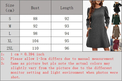 Elegant Dresses for Woman Ribbed Knit Sweater Dress Round Neck Puff Long Sleeves Casual Warm for Autumn and Winter