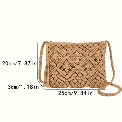 1pc Boho Chic Handwoven Shoulder Bag for Women,Handwoven Cotton with Zipper & Tassel Details,Beach Bag,for Travel,Casual Outings