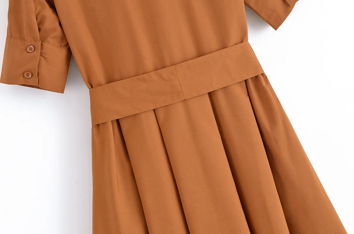 HH Woman Dresses Solid Turn-Down Collar Short Sleeve Pockets Bow Lace-Up Single-Breasted Female Fashion Long Dress 7 Color