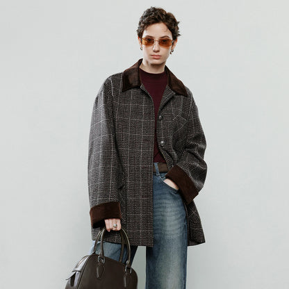 TOYOUTH Women Coat 2025 Winter New 100% Sheep Wool Corduroy Plaid Patterned Patchwork Woolen Coat