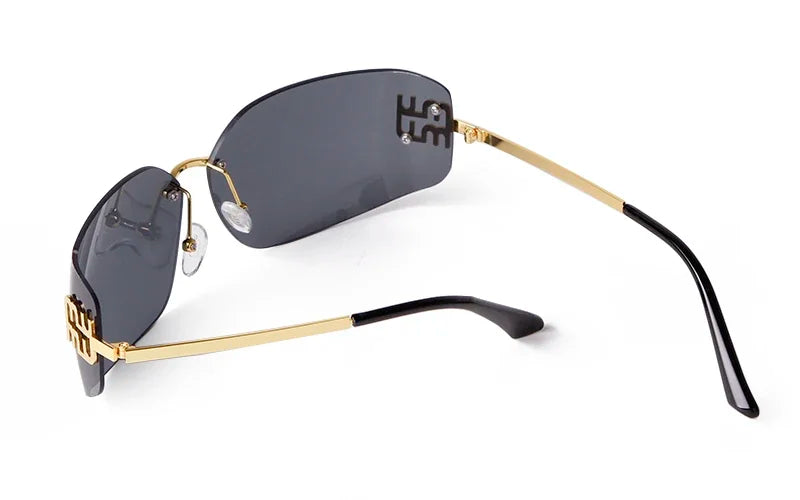Luxury Metal Rimless Sunglasses Women Brand Design Rivets Letter Rectangle Curved Shades Funky Classic Sun Glasses Female