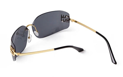 Luxury Metal Rimless Sunglasses Women Brand Design Rivets Letter Rectangle Curved Shades Funky Classic Sun Glasses Female