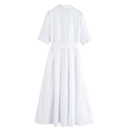 HH Woman Dresses Solid Turn-Down Collar Short Sleeve Pockets Bow Lace-Up Single-Breasted Female Fashion Long Dress 7 Color