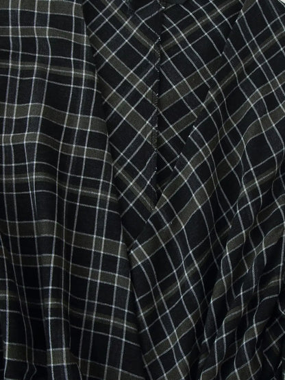 HH Woman Elegant V-Neck Plaid Pleated Decoration Long Sleeves Midi Dress Female Fashion High-Waist Asymmetric Hem Slim Dress