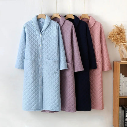 Autumn Winter Women Warm Cotton with Filler Robe Ladies Bathrobe Female Long Sleeve Dressing Gown Robes Simple Home Clothes