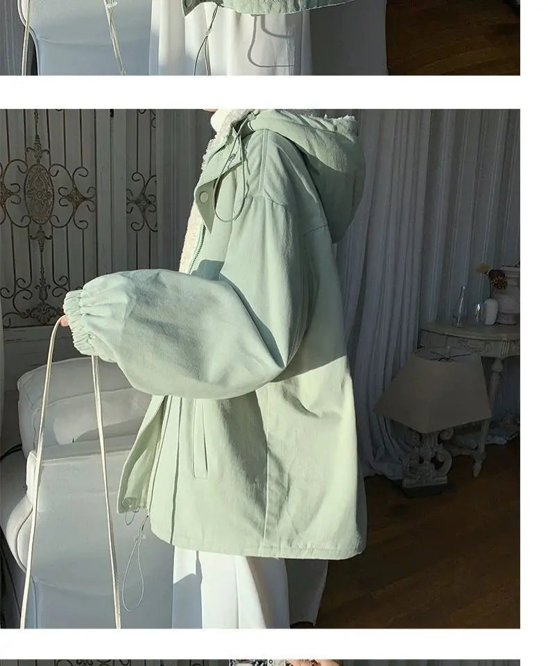 Lamb wool Jacket Women's 2025 Autumn winter New Korean version Loose Workwear Student cotton Jackets Female Hooded Warm Coat