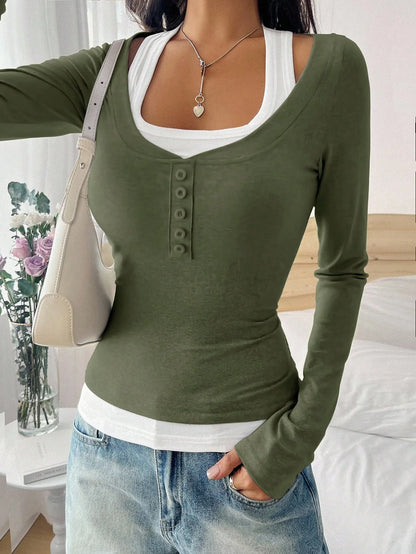 New Women's Blouses T-shirt Spring Fall Fashion Slim Halter Neck Fake Two-piece Stretch Long-sleeve Top Women Casual Clothing