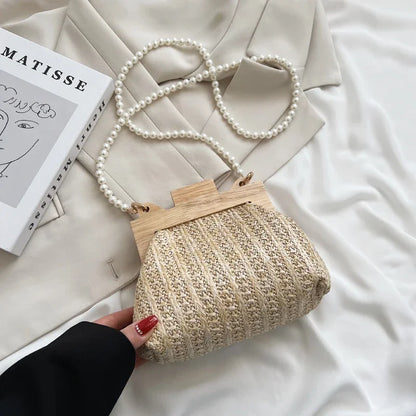 Fashion Weave Straw Shoulder Bag for Women New Summer Wooden Top Handle Clip Bag Luxury Designer Handbags Trend Female Handbag