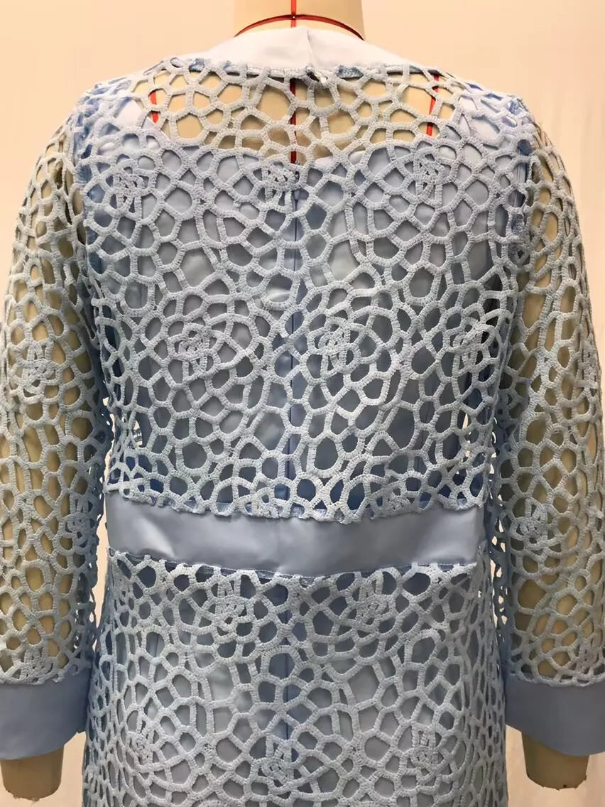 Wein Lace Cardigan Dress with Two Coats Lady Female Woman Skirt Dresses Coat Set Suit Hollow Out Cotton and Linen Formal Office