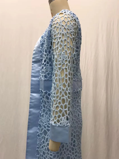 Wein Lace Cardigan Dress with Two Coats Lady Female Woman Skirt Dresses Coat Set Suit Hollow Out Cotton and Linen Formal Office