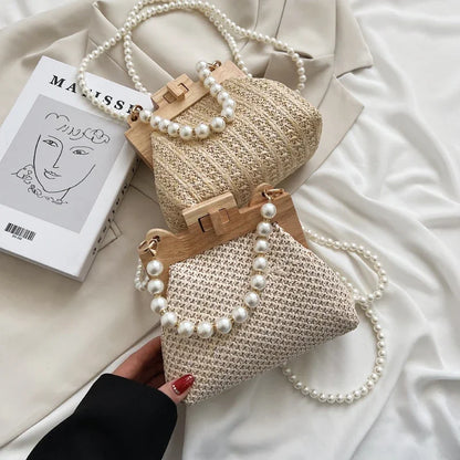 Fashion Weave Straw Shoulder Bag for Women New Summer Wooden Top Handle Clip Bag Luxury Designer Handbags Trend Female Handbag