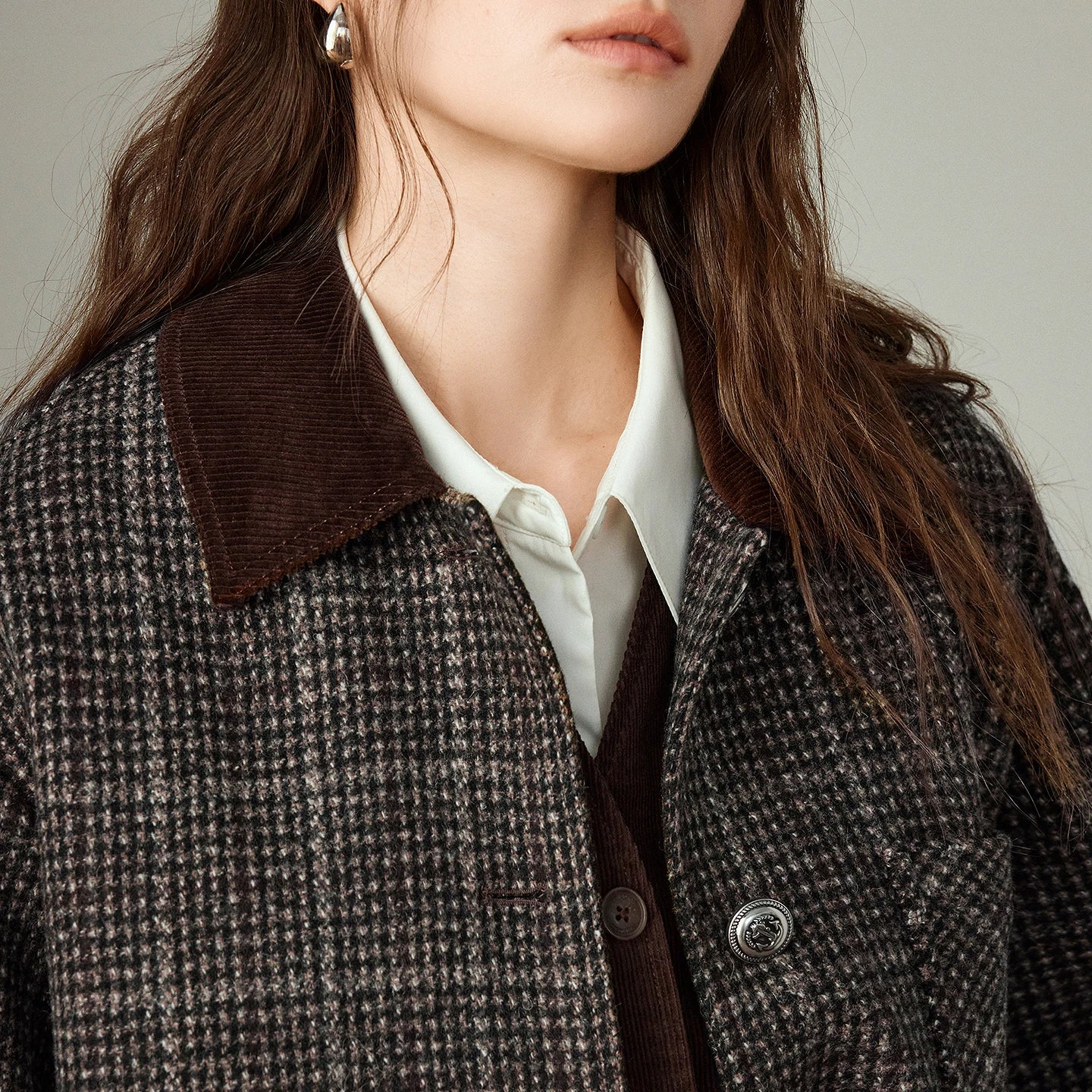 TOYOUTH Women Coat 2025 Winter New 100% Sheep Wool Corduroy Plaid Patterned Patchwork Woolen Coat