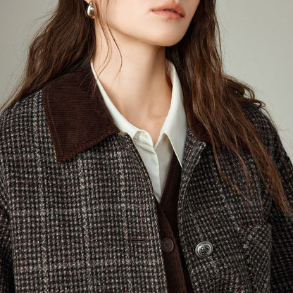 TOYOUTH Women Coat 2025 Winter New 100% Sheep Wool Corduroy Plaid Patterned Patchwork Woolen Coat