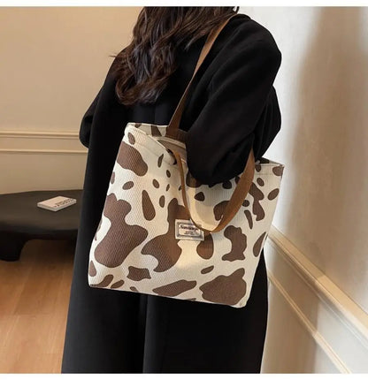 Ladies' one shoulder handbag, large capacity zipper commuting bag, corduroy retro artistic tote bag