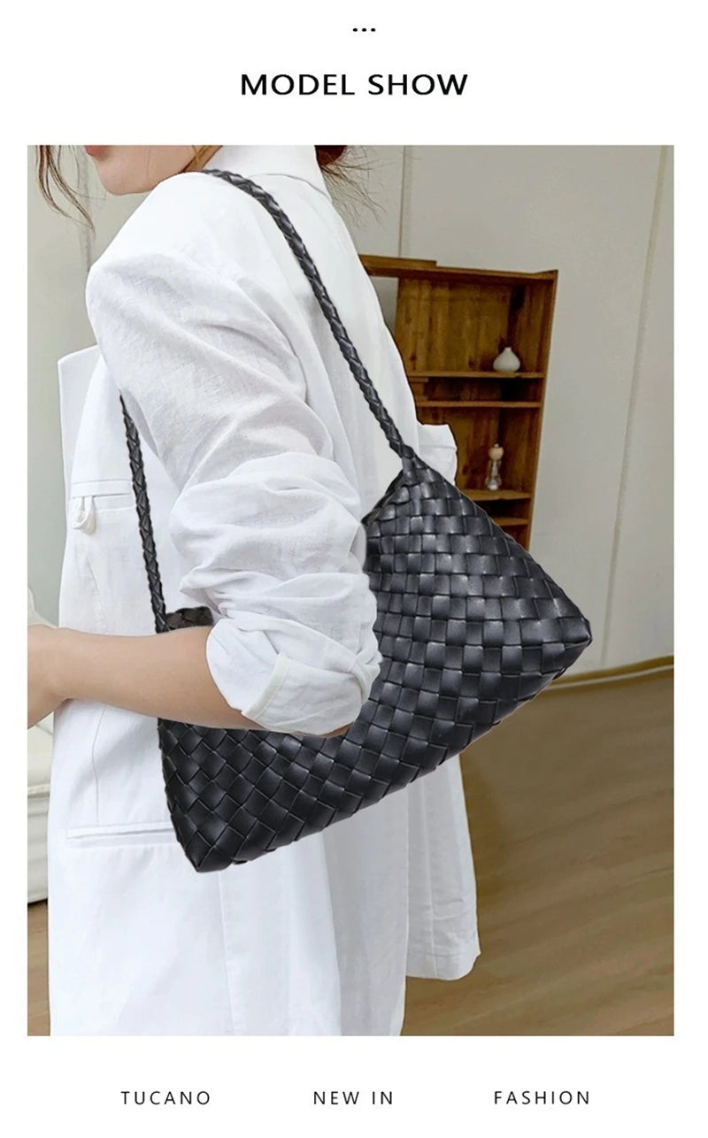 Women Handwoven Shoulder Bag Korean Casual Trendy Large Capacity Handbag Soft PU Leather Ladies Tote Bag Summer Underarm Bags