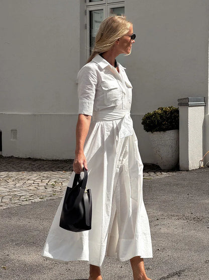 HH Woman Dresses Solid Turn-Down Collar Short Sleeve Pockets Bow Lace-Up Single-Breasted Female Fashion Long Dress 7 Color