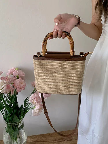 Simple Hand Knitted Women's Travel Handbags Fashion Wooden Handle Ladies Shoulder Bags Summer Straw Female Bucket Crossbody Bags