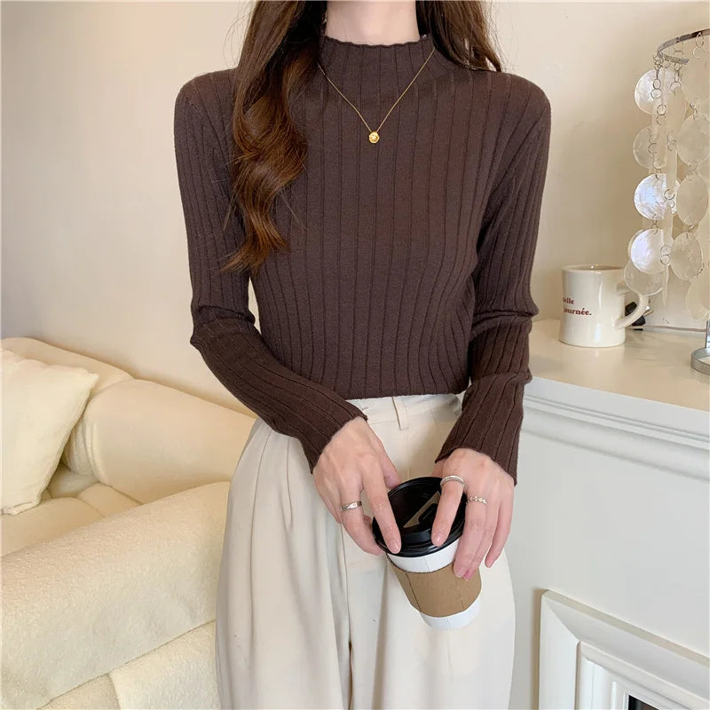 Woman Sweaters 2025 Autumn Winter Knitted Ribbed Turtleneck Sweater Women Clothes Long Sleeve Slim Basic Pullover Solid Tops