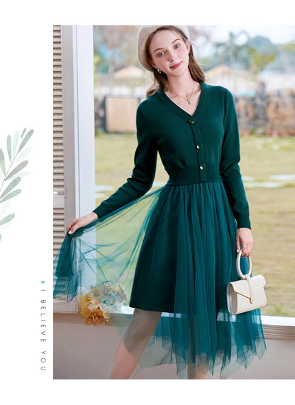 I BELIEVE YOU Dresses for Women 2025 Spring Retro V-neck Pullover Knitted Long Sleeve Patchwork Gauze Woman Clothes 2214133903