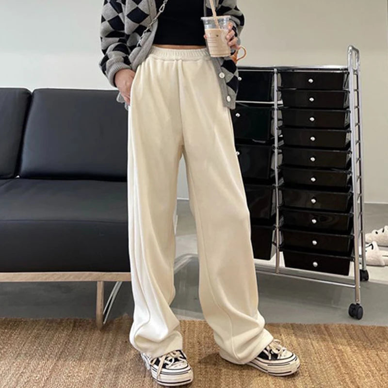 Winter Warm Thicken Trousers Women Fleece Inside Casual Wide Leg Pants Woman Casual Soild Color Straight Sports Pants Female