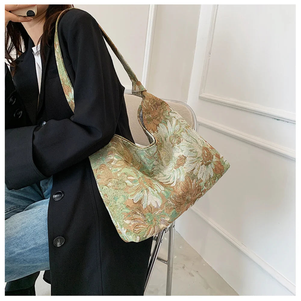 New Large Capacity Women's Handbag Fashion Printing Underarm Bag Retro Leisure Waterproof Shoulder Bag Women Canvas Shopping Bag