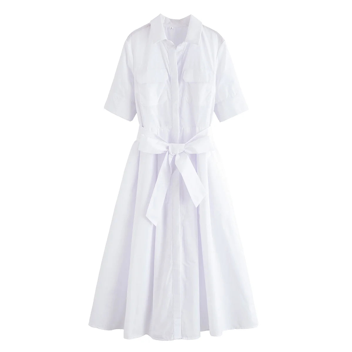 HH Woman Dresses Solid Turn-Down Collar Short Sleeve Pockets Bow Lace-Up Single-Breasted Female Fashion Long Dress 7 Color