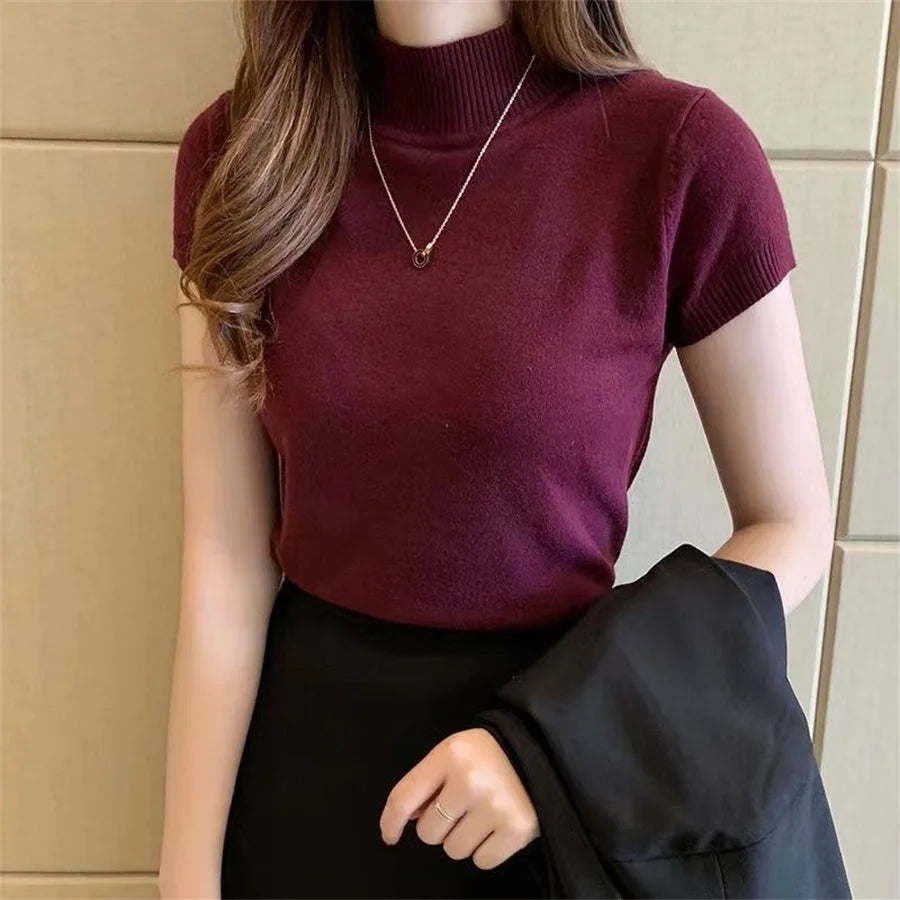 2025 Fashion Woman Blouses Short Sleeve Summer Tops Blouse Women Turtleneck Knitted Blouse Shirt Women Tops Blouses