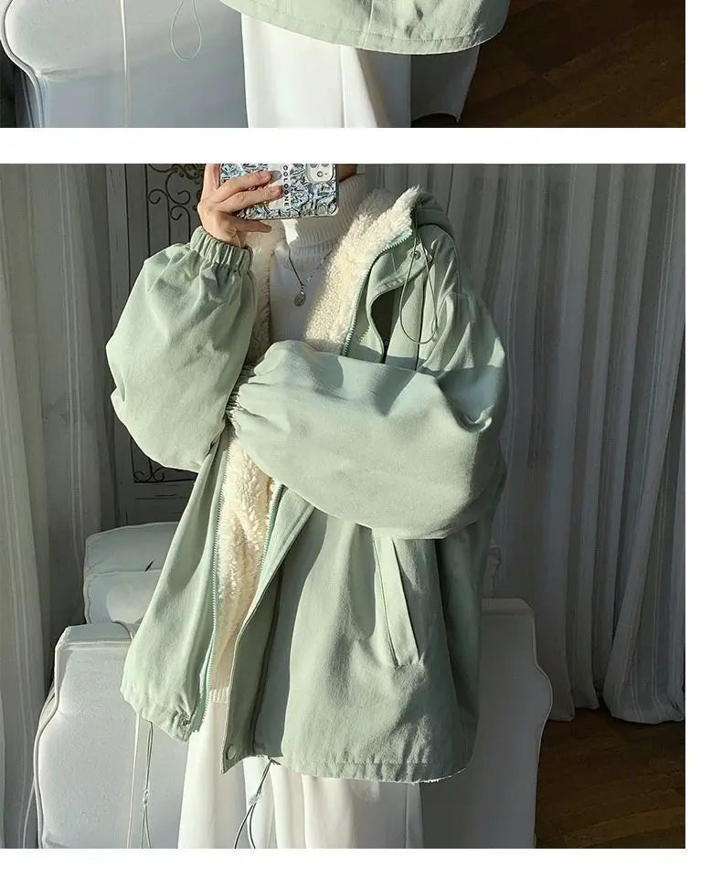Lamb wool Jacket Women's 2025 Autumn winter New Korean version Loose Workwear Student cotton Jackets Female Hooded Warm Coat