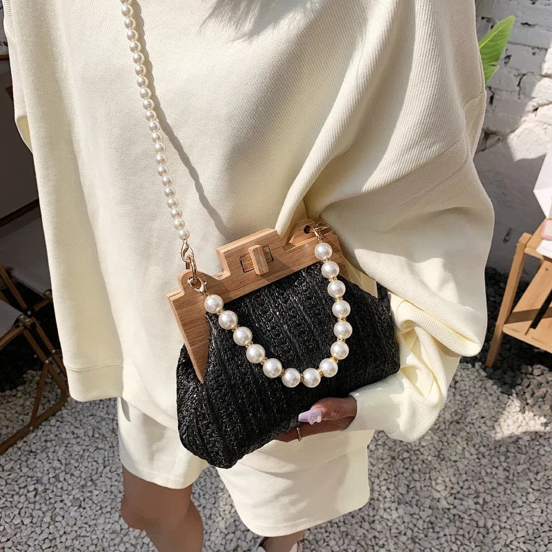 Fashion Weave Straw Shoulder Bag for Women New Summer Wooden Top Handle Clip Bag Luxury Designer Handbags Trend Female Handbag