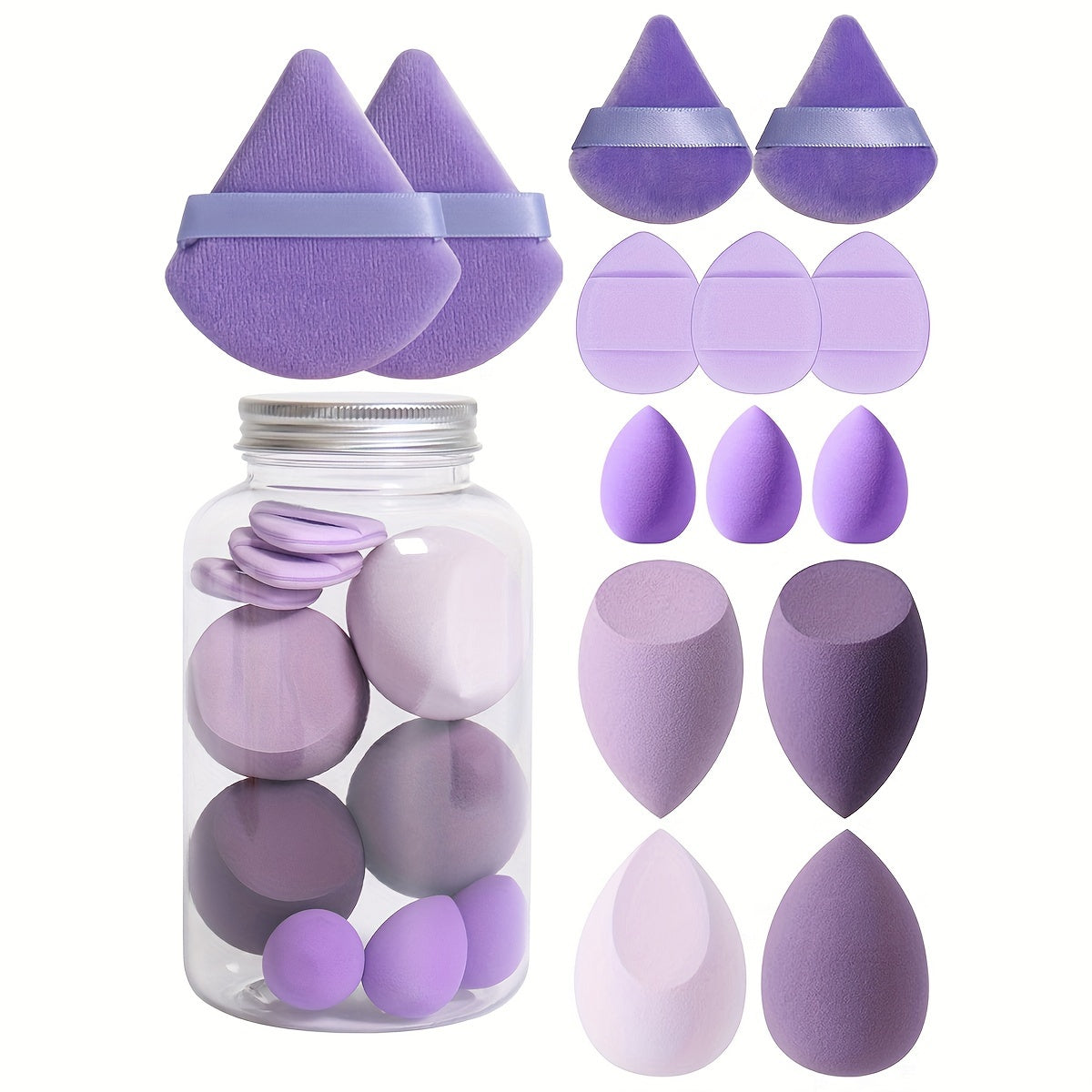 14pc Makeup Sponge Set With Storage Jar, Velvet Beauty Blenders, Latex-Free, Makeup Sponge Finger Puff, Dual-Use Wet & Dry Foundation Cosmetic Puffs, For All Skin Types