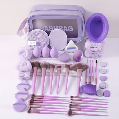 48-Piece Makeup Tools Set – Comprehensive Facial Makeup Kit with 25 Wand Brushes, Nylon Bristles, ABS Plastic Handle, for Normal Skin, Includes Washbag, Hair Ties, Wristbands, Mushroom Sponge, Thick Fan Puffs, Large Beauty