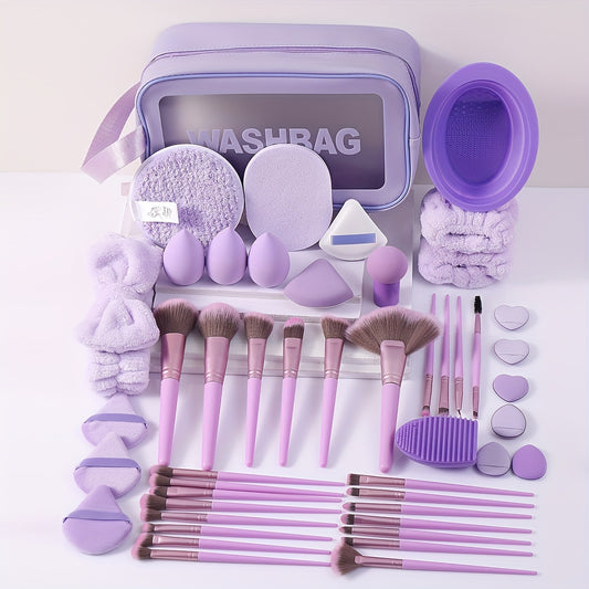 48-Piece Makeup Tools Set – Comprehensive Facial Makeup Kit with 25 Wand Brushes, Nylon Bristles, ABS Plastic Handle, for Normal Skin, Includes Washbag, Hair Ties, Wristbands, Mushroom Sponge, Thick Fan Puffs, Large Beauty