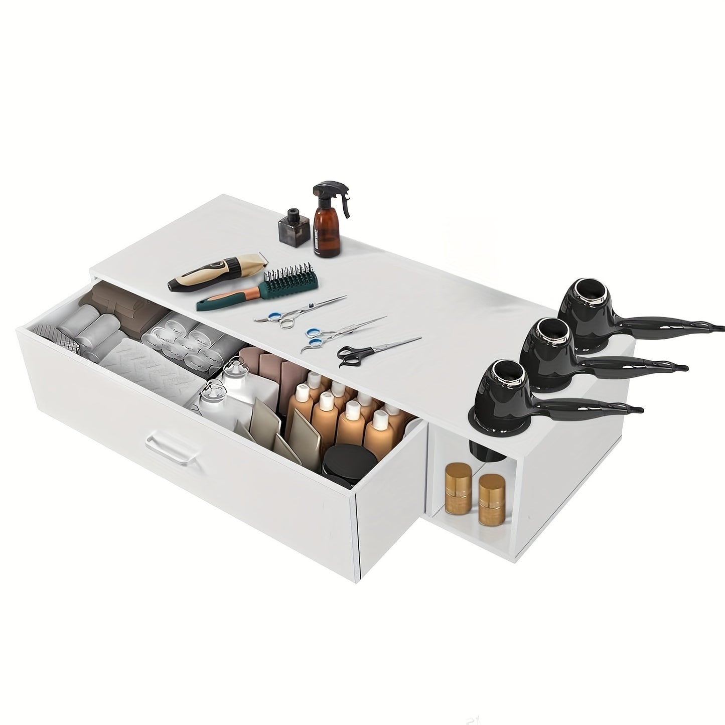 Modern White Wall-Mounted Salon Station for Hair Stylists with 3 Hair Dryer Holes, Open Drawer & Display Shelves – Contemporary Wooden Design for Home or Professional Beauty Salons, Hair Stylist Supplies