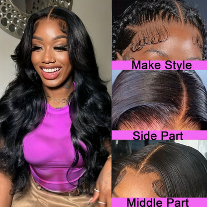 28" Long Body Wave Synthetic Wig - Heat Resistant (Glueless) HD Transparent Lace Front, Natural Black Loose Waves - 200% Density Voluminous Hairpiece for Women, Everyday & Special Events - Compatible with All Light Beige Tone
